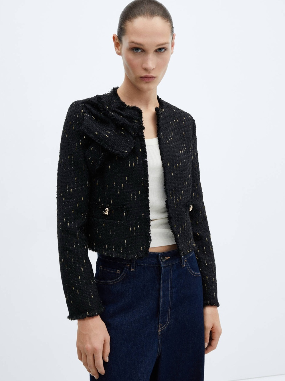 Mango NWT Black Tweed Gold Lurex Detail Cropped Blazer Jacket (Size XS)